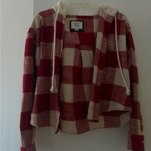 American Eagle Outfitters Red and Cream Plaid Hoodie